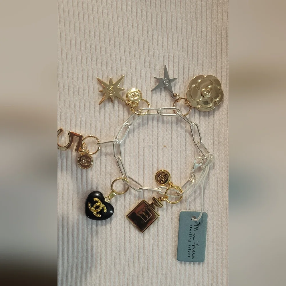 Upcycled CHANEL Charms And Pulls On Sterling Silver Bracelet From Italy - Picture 2 of 3